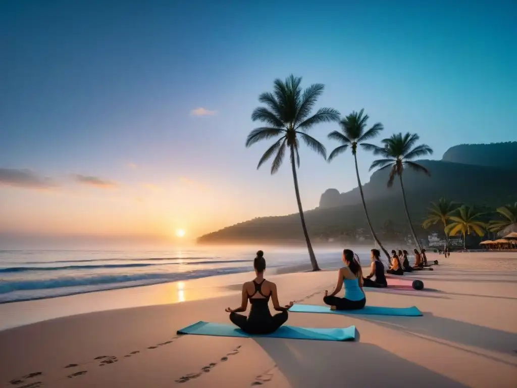 Espléndido amanecer en Playa Costa Azul: yoga en armonía Retiro de bienestar en Costa Azul con amanecer sereno, yoga en la playa y palmeras