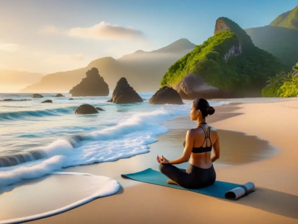 Retiro de yoga al amanecer en playa de Costa Azul: serenidad y bienestar Retiro bienestar en Costa Azul: grupo meditando al amanecer en la playa, bajo la suave luz dorada del sol