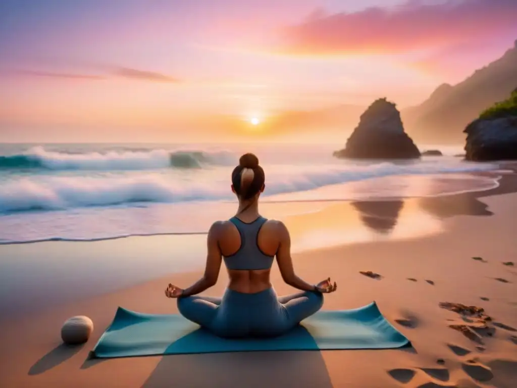 Yoga al amanecer en Costa Azul: armonía en la playa Retiro de bienestar en la Costa Azul: sesión de yoga al amanecer en la playa, con personas practicando posturas, rodeadas de calma y naturaleza