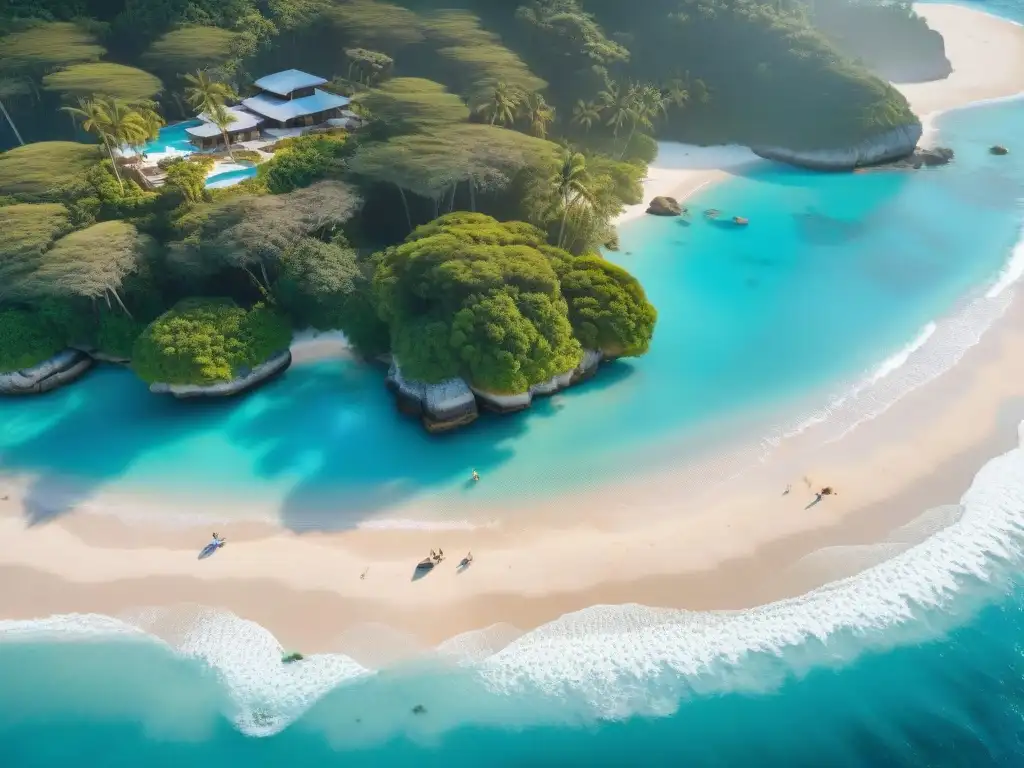 Retiro corporativo de lujo en la playa: equipo en acción Un retiro corporativo junto al mar: propiedad de lujo en la playa con equipo en actividad y palmeras