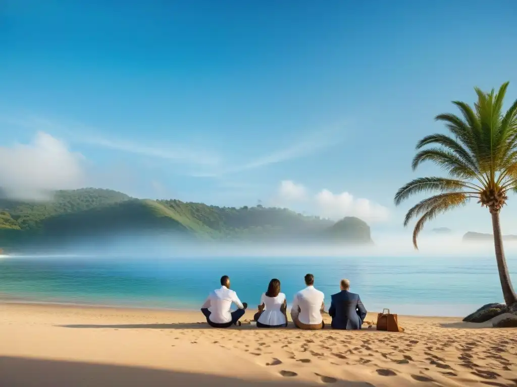 Retiro corporativo en la playa: equipo de profesionales en acción Un retiro corporativo junto al mar: profesionales en traje de negocios colaboran en la playa, con el mar y palmeras de fondo