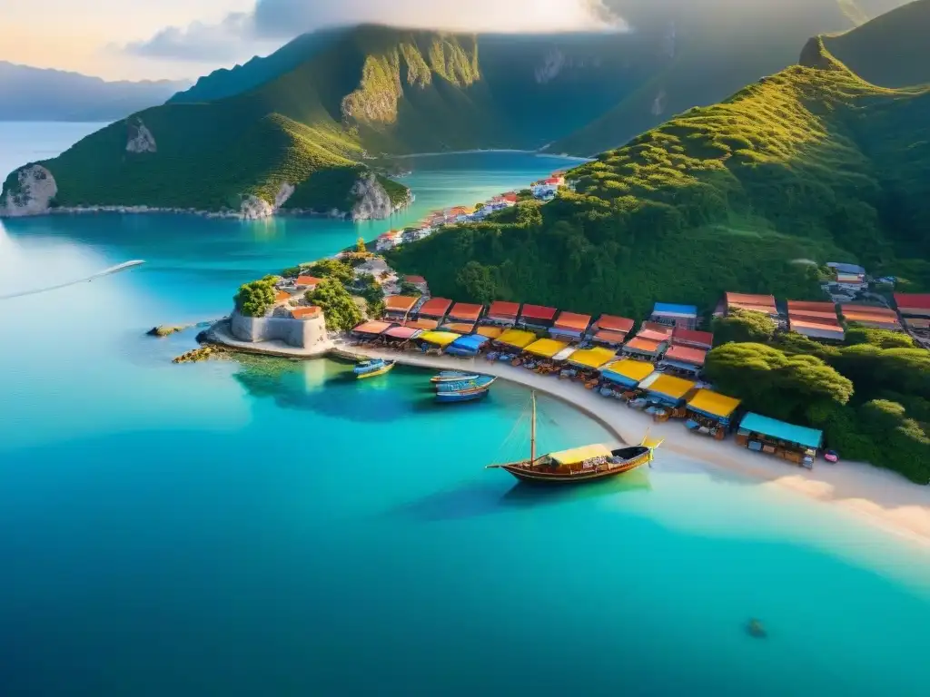 Expat Haven: Pueblo costero entre montañas y aguas turquesas Un retiro en la costa para expatriados: pintoresco pueblo costero, montañas verdes, aguas turquesas y coloridos barcos pesqueros en el muelle