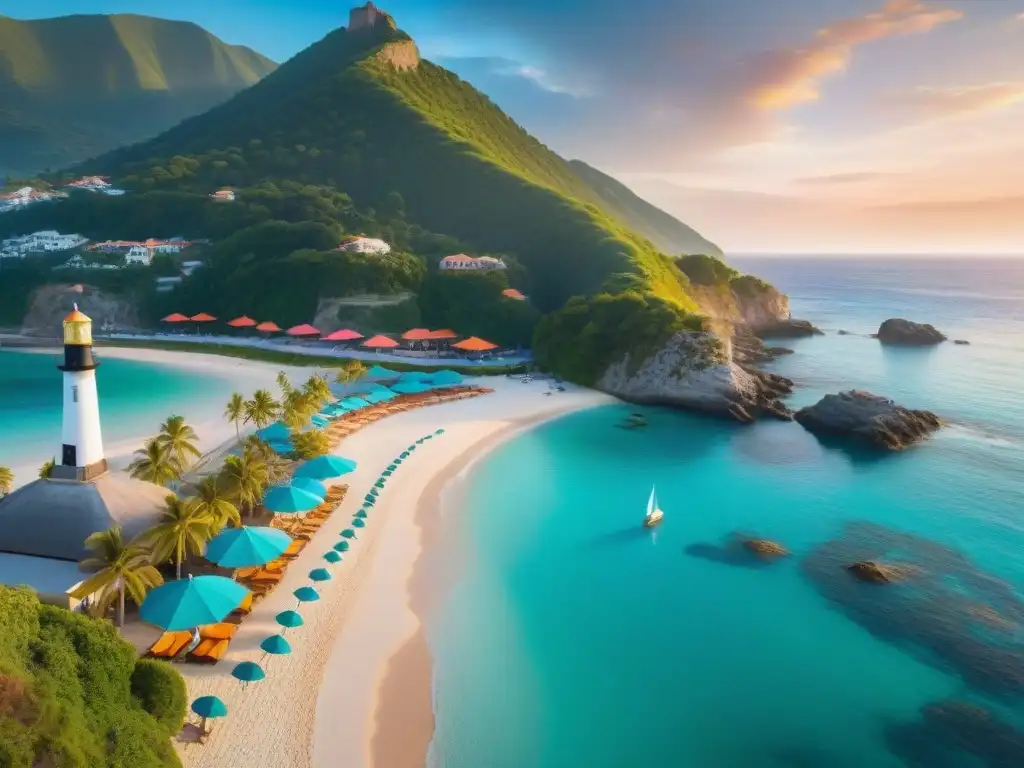 Atardecer mágico en pueblo costero: playas, palmeras y faro Retiro en la costa para expatriados: vista aérea de pueblo costero al atardecer, playa, mar turquesa, y faro al fondo