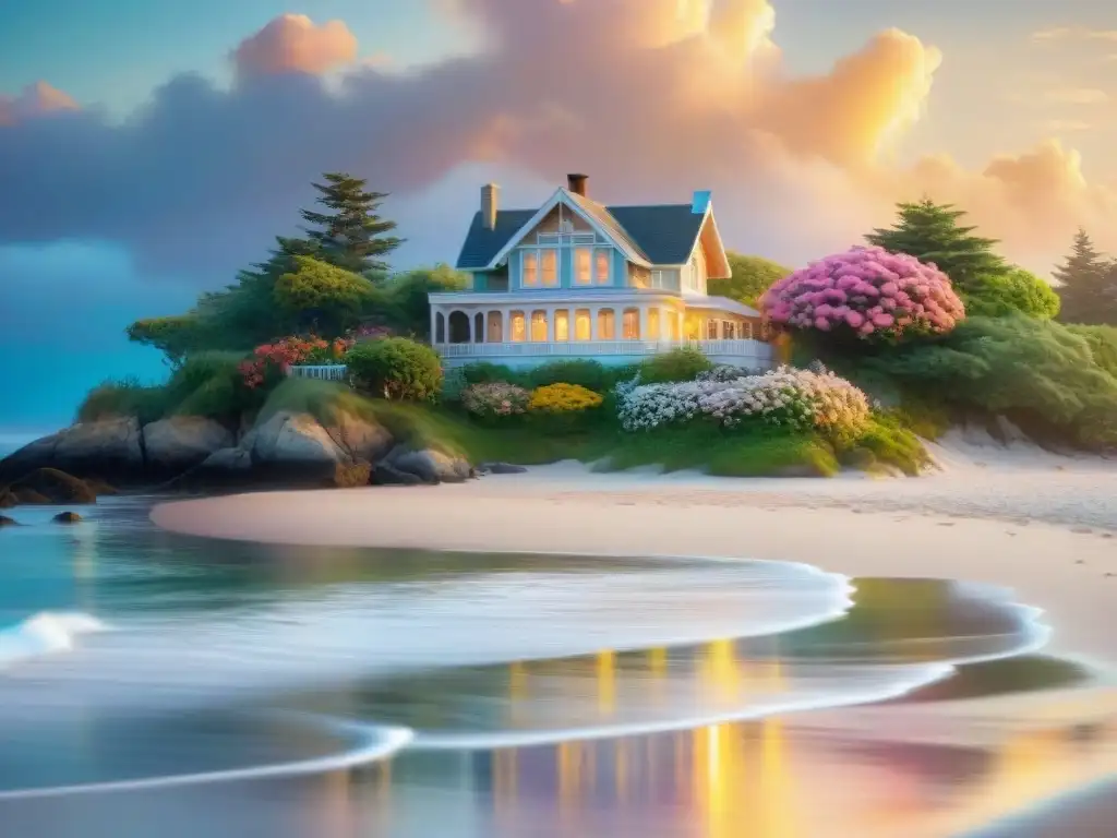 Amanecer costero sereno con casa de playa y flores en primer plano Retiro costero con diseño hogar: amanecer sereno en la costa, casa playera rodeada de naturaleza y flores coloridas bajo el cielo pastel