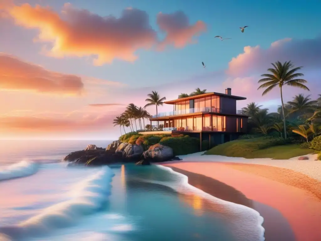 Diseño de casa de playa de lujo al atardecer Retiro costero diseño hogar: casa de playa moderna rodeada de palmeras, atardecer sereno con tonos cálidos y gaviotas volando