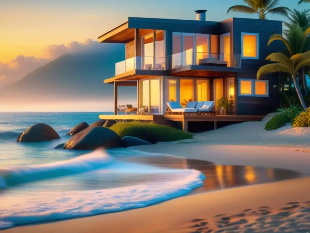 Propiedad frente al mar al atardecer: serenidad y elegancia costera Retiro dorado en casa de playa frente al mar al atardecer, con diseño elegante y patio espacioso