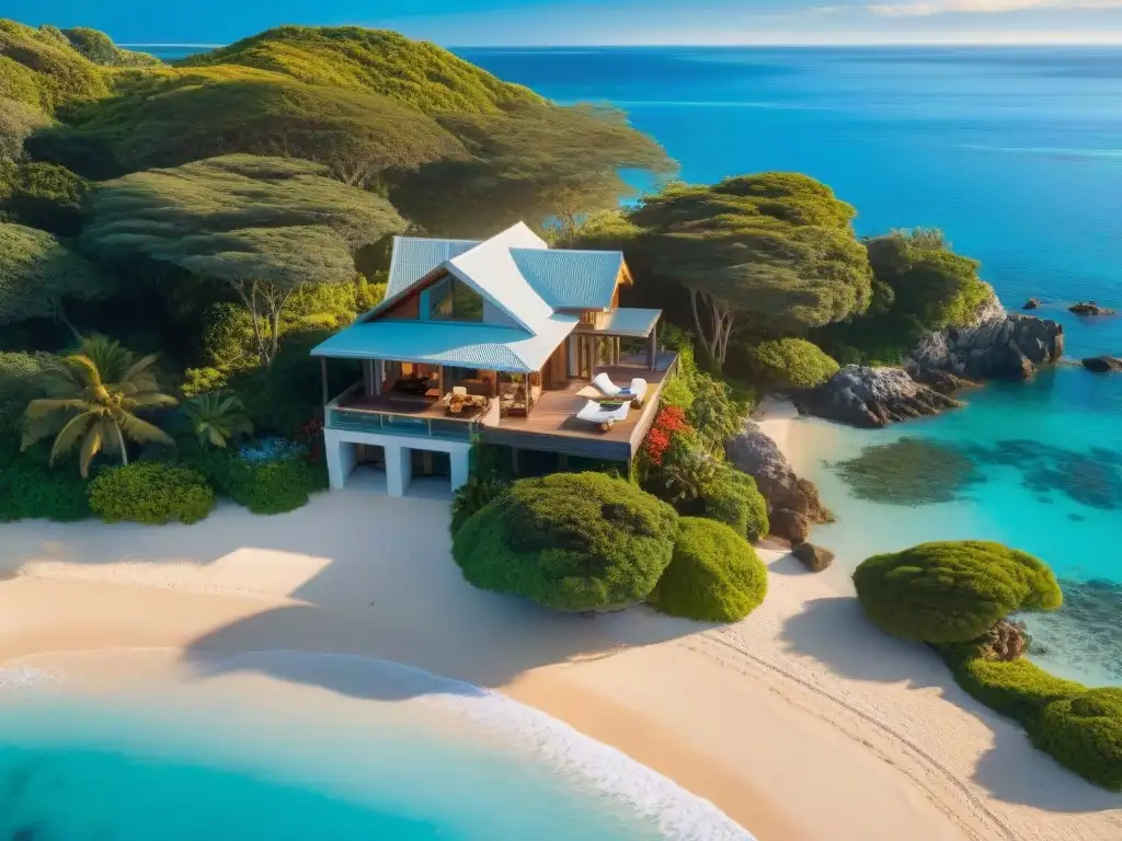 Retiro de ensueño frente al mar: casa con jardín, pareja disfrutando atardecer Retiro dorado en casa de playa con jardín vibrante y mar turquesa, pareja relajándose en el porche al atardecer