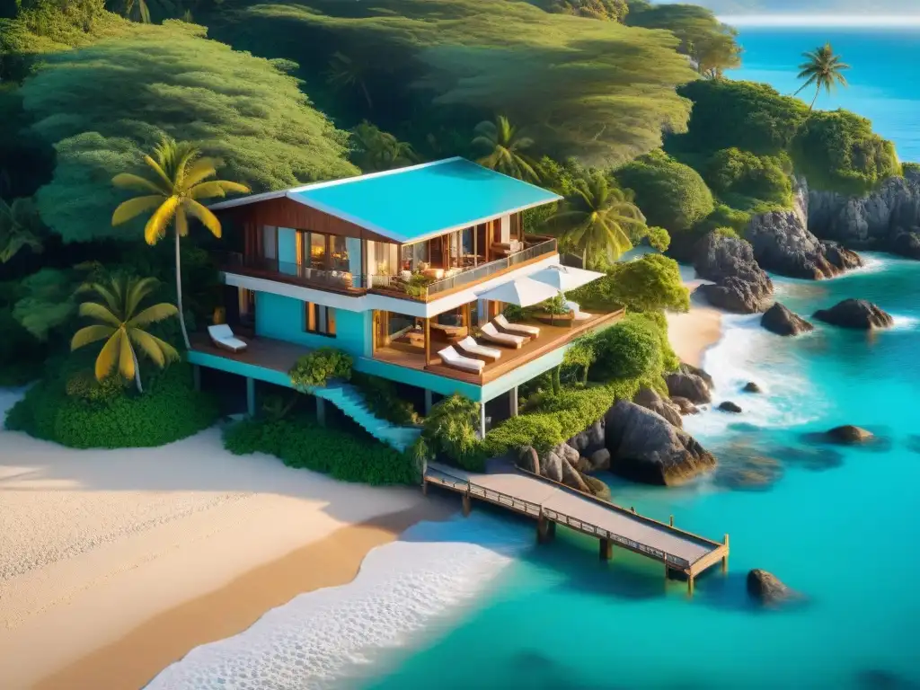 Retiro de ensueño: Pareja disfruta del atardecer en casa de playa Retiro dorado en casa de playa, pareja mayor disfruta cócteles en veranda al atardecer