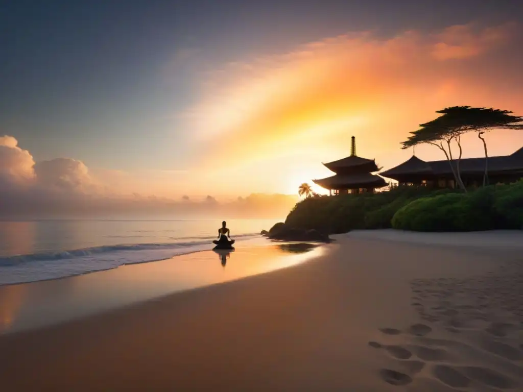 Retiro eco en la playa al atardecer: paz y armonía Retiro eco resort junto al mar: atardecer dorado, serenidad en la playa con yoga, paisaje verde y arquitectura ecológica