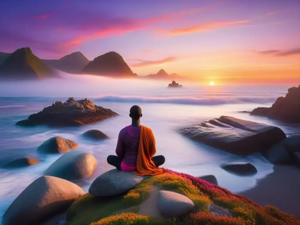 Puesta de sol meditativa en la costa: conexión con la naturaleza Retiro espiritual en la costa: atardecer vibrante reflejado en el mar, silueta meditando en la naturaleza