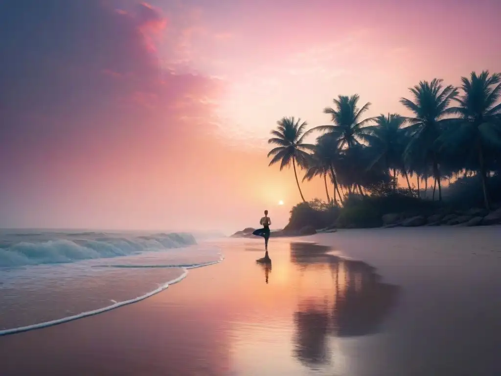 Amanecer sereno en playa de la India: yoga al amanecer Retiro espiritual al amanecer en la costa de la India: playa solitaria, olas suaves y yoga en la arena bajo cielos rosados y anaranjados de paz