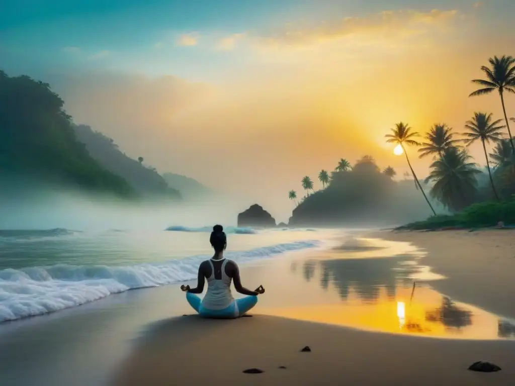 Puesta de sol dorada y yoga en la playa de la India Retiro espiritual en la costa de la India: atardecer dorado sobre aguas tranquilas, figura en silueta practicando yoga en playa aislada