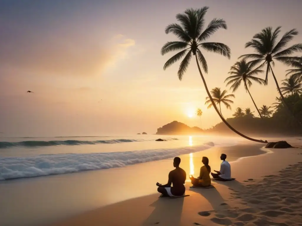 Retiro espiritual al amanecer en la playa de la India Retiro espiritual al amanecer en la costa de la India, con meditadores en la playa bajo el sol dorado