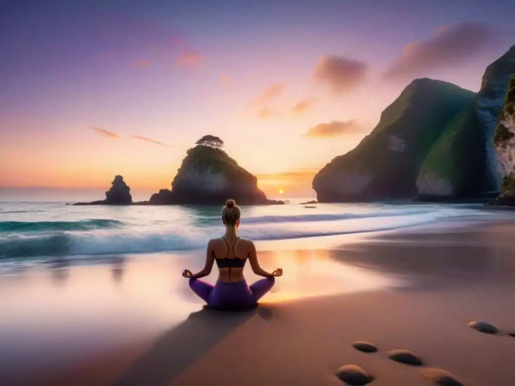 Yoga al amanecer: conexión espiritual en la costa serena Retiro espiritual en la costa: playa serena al amanecer, practicando yoga en armonía con la naturaleza