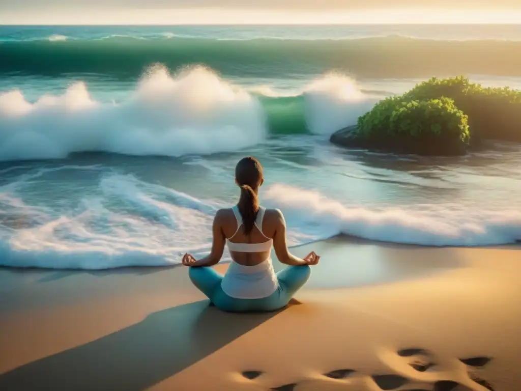 Playa solitaria al amanecer: conexión espiritual y serenidad Retiro espiritual en la playa al amanecer, conectando con la naturaleza en paz y armonía