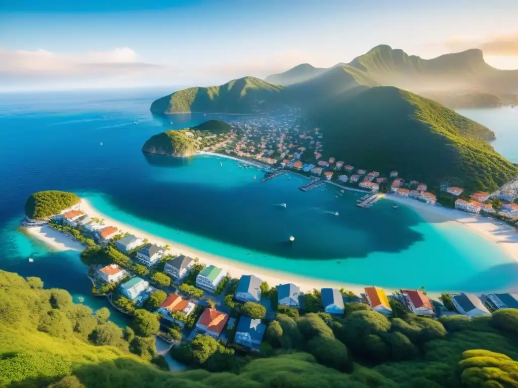 Paraíso costero: vista aérea de un pueblo sereno bañado en luz dorada Retiro financiero en paraíso costero: Pueblo costero sereno bañado en luz dorada, playas bordeadas de palmeras y aguas turquesa cristalinas