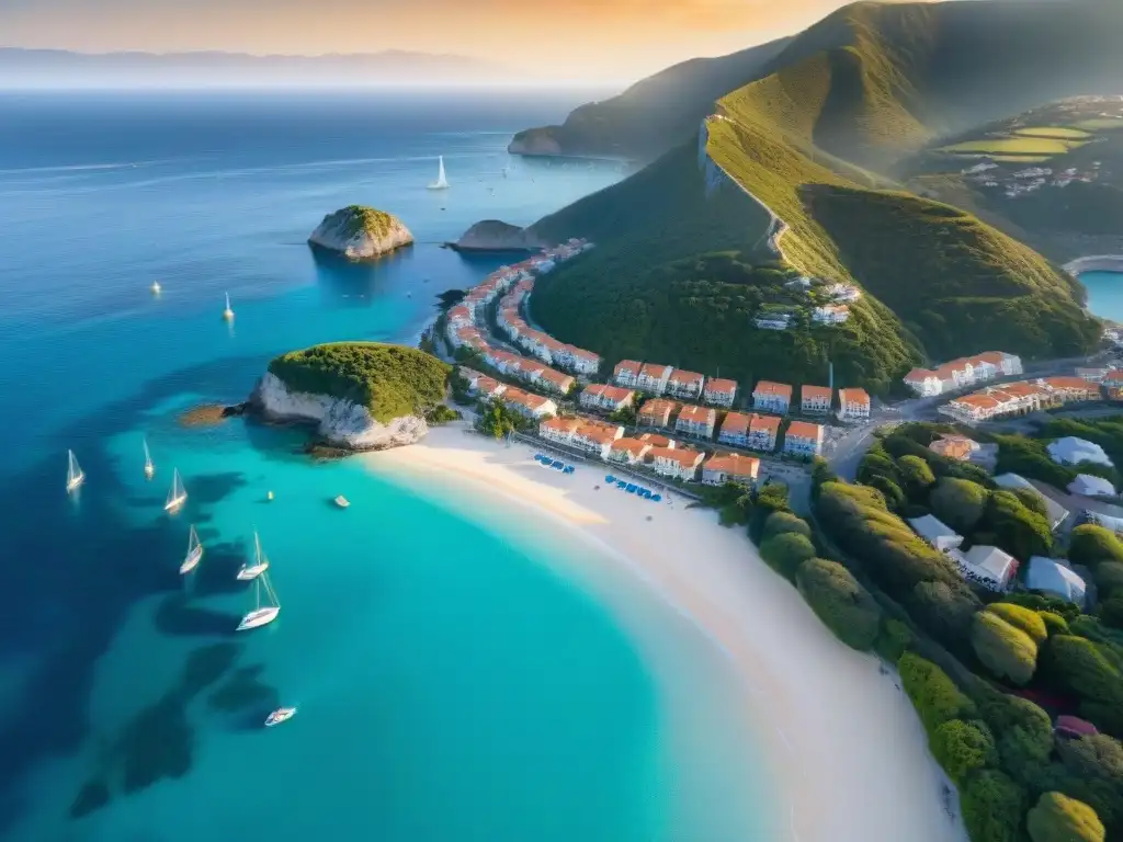 Espléndido atardecer en pueblo costero: playas, aguas turquesa y cafés frente al mar Retiro financiero en paraíso costero: atardecer dorado en pintoresco pueblo costero con playas y cafés animados junto al mar