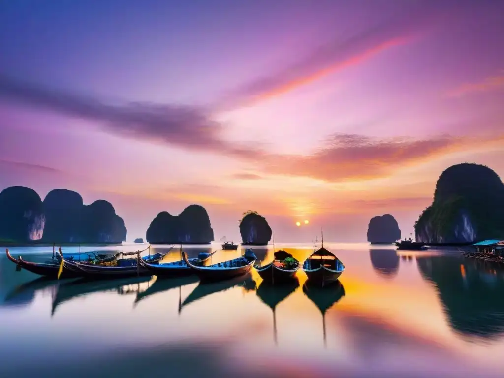 Amanecer sereno en la costa de Vietnam: colores vibrantes y tranquilidad Retiros costeros Vietnam amaneceres: Amanecer sereno en la costa vietnamita con cielos rosados, naranjas y dorados reflejados en el mar tranquilo