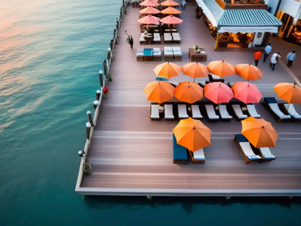 Espléndido pueblo costero al atardecer: umbrellas, cafés y puestas de sol Retiros costeros inversión del momento: Puesta de sol en un animado pueblo costero con sombrillas coloridas, cafés y barcos en el mar