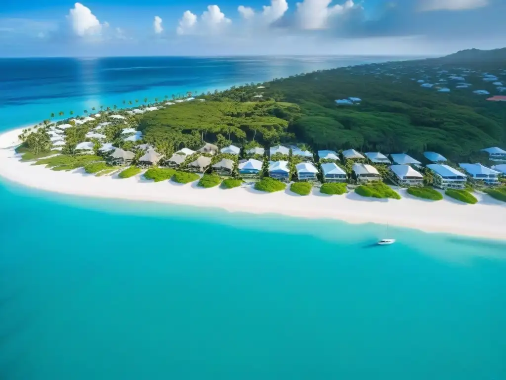 Paraíso costero: inversión en propiedades frente al mar Retiros costeros inversión del momento: Vista aérea de una costa prístina, aguas turquesas, playas blancas, propiedades lujosas y palmeras