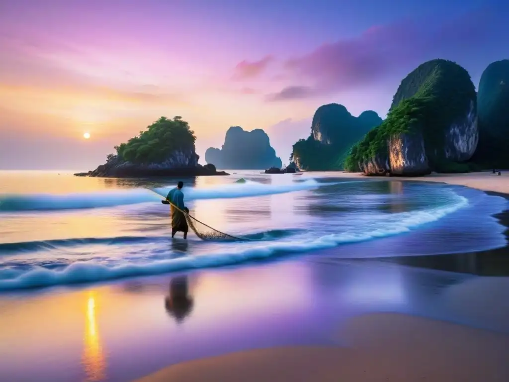 Paisaje sereno de playa en Vietnam al amanecer Retiros costeros en Vietnam: amanecer tranquilo en la playa con pescador solitario