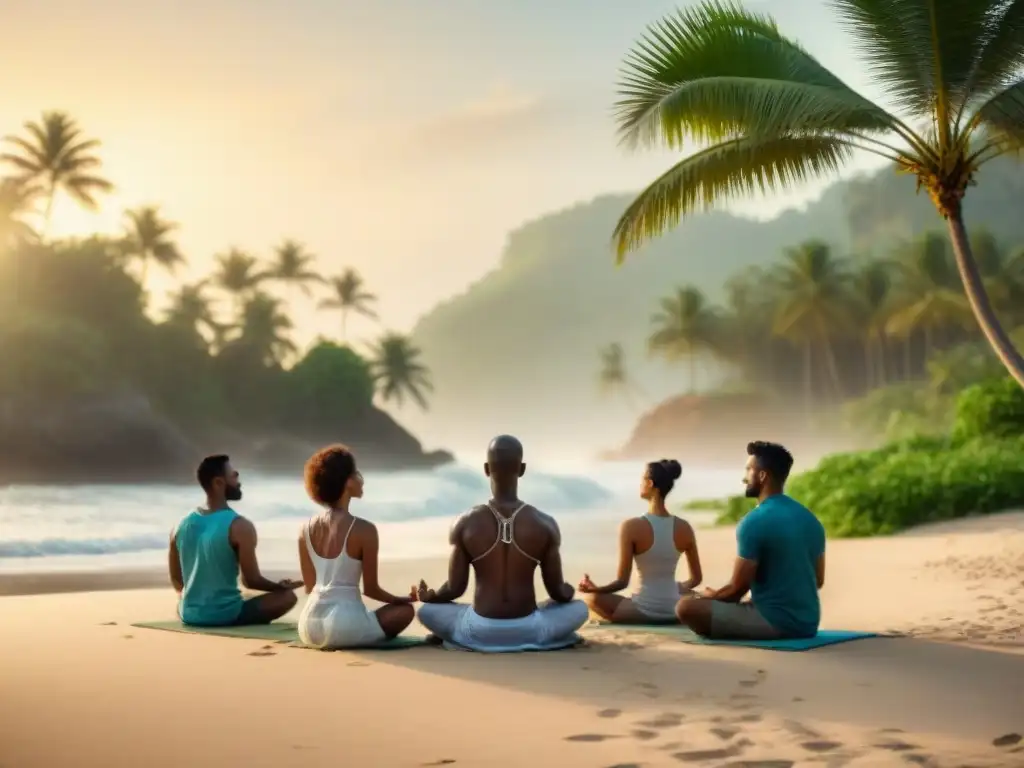 Mediación al amanecer: unión y tranquilidad en la playa de la India Retiros espirituales en la costa de India: grupo medita al amanecer en la playa, rodeados de palmeras y olas suaves
