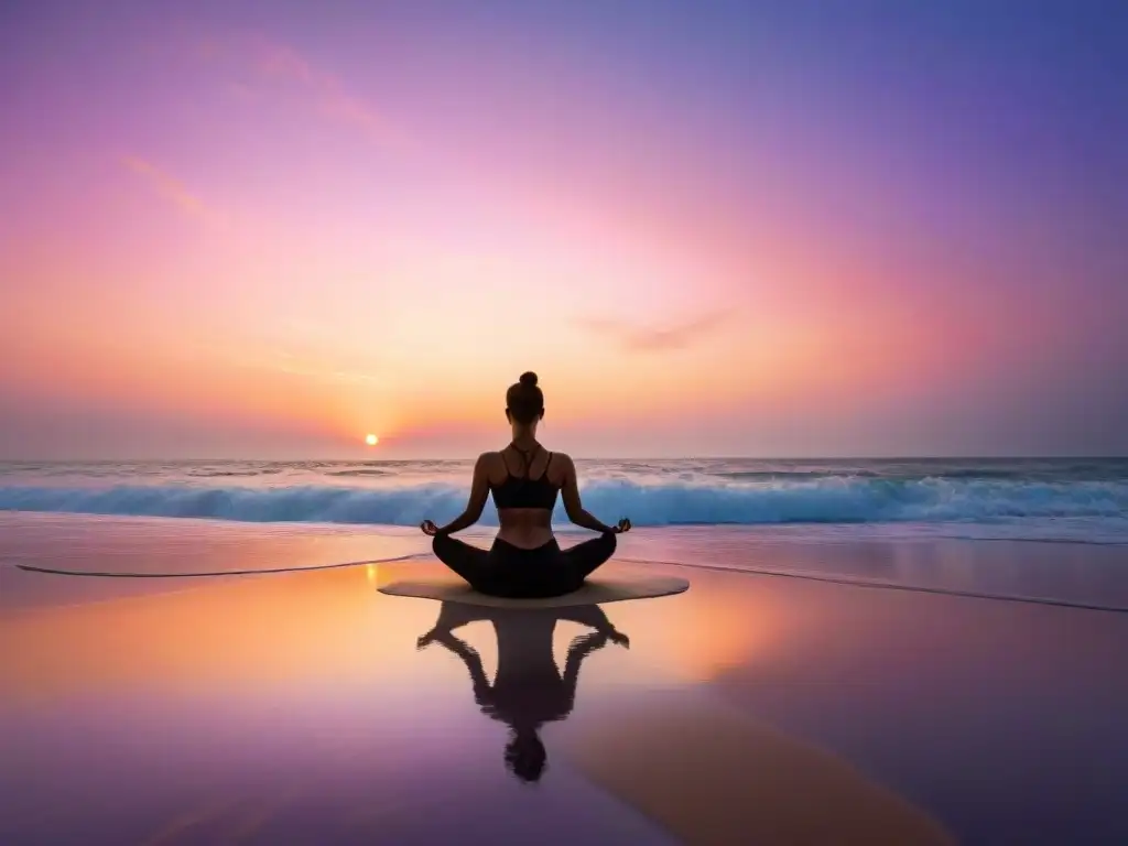 Playa serena al amanecer en India: yoga frente al mar Retiros espirituales en la costa de la India al amanecer, con una atmósfera de paz y meditación mientras una persona practica yoga en la playa