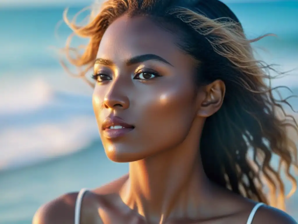 Rostro radiante bajo el sol marino: belleza costera Retrato de una mujer con piel radiante, iluminada por el sol y el mar