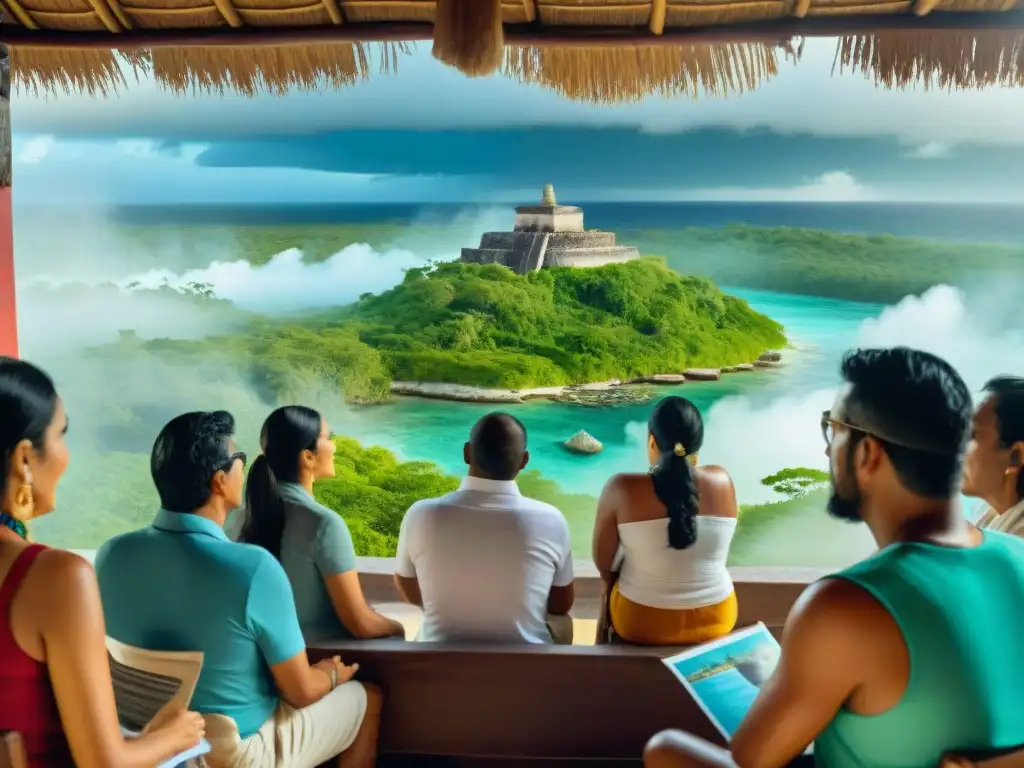 Diálogo comunitario en Riviera Maya por desarrollo sostenible Reunión comunitaria en Riviera Maya sobre desarrollo sostenible, con residentes comprometidos y entorno natural vibrante