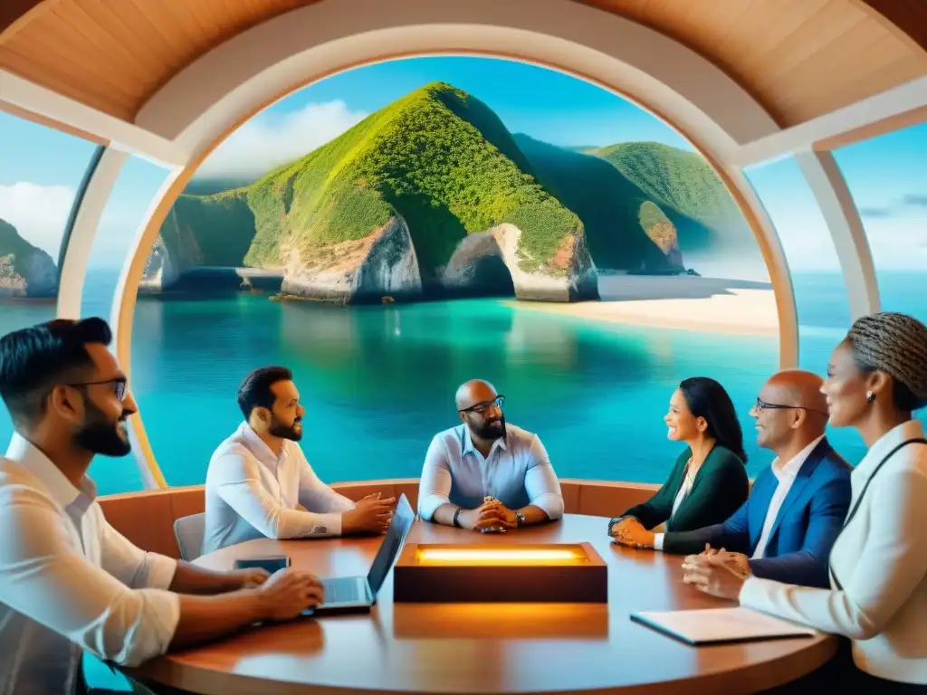 Inversores y científicos debaten inversiones costeras sostenibles Una reunión inspiradora de científicos y inversores discutiendo Inversiones costeras sostenibles rentables, rodeados de luz natural y vegetación