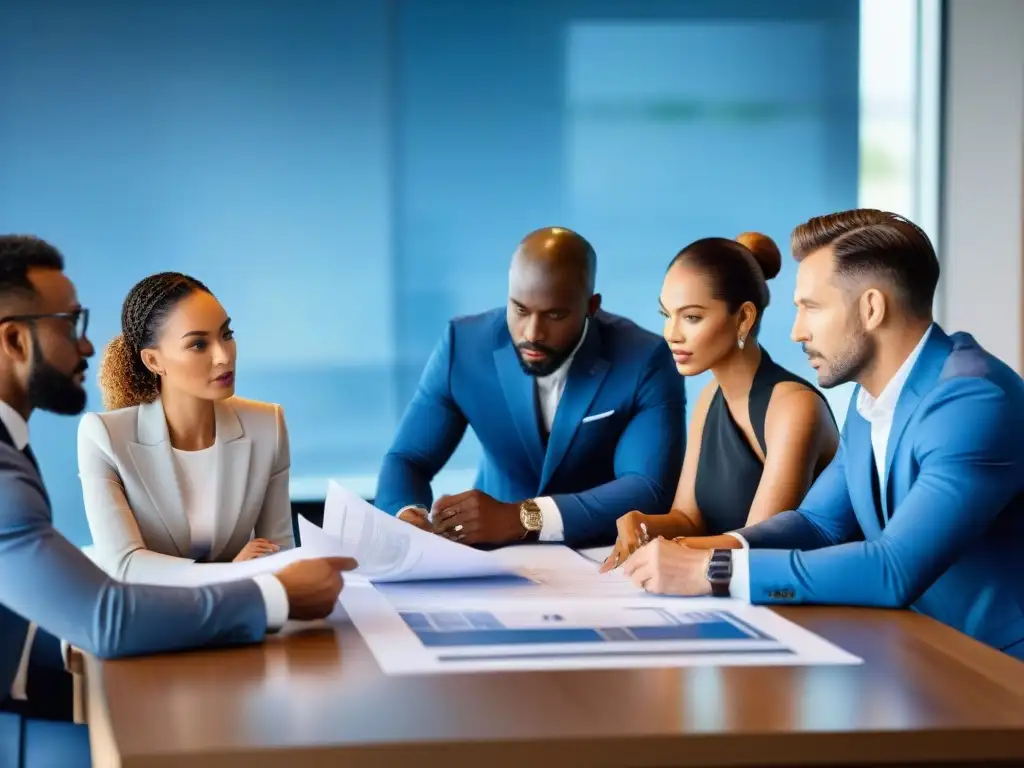 Profesionales expertos debaten planos y finanzas para proyecto costero Reunión de profesionales discutiendo planos y documentos financieros para construcción de hogar costero