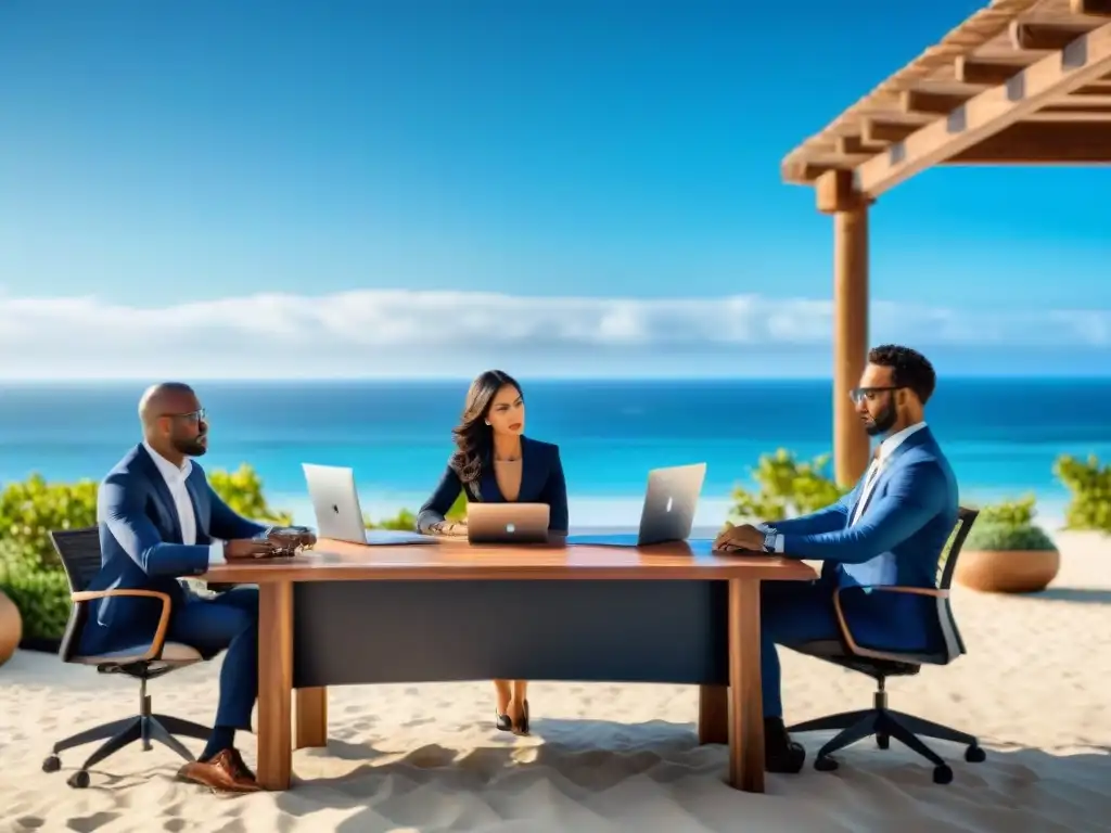 Reunión de negocios en terraza frente al mar: colaboración y productividad Reunión de profesionales en retiro corporativo junto al mar, colaborando en una terraza con vista al océano