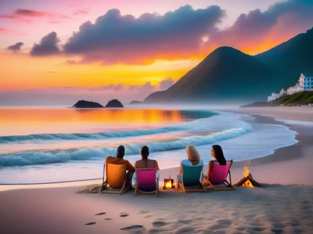 Anochecer dorado en la playa: familia multigeneracional junto a hoguera Reuniones familiares en la playa al atardecer: una escena cálida de togetherness y alegría