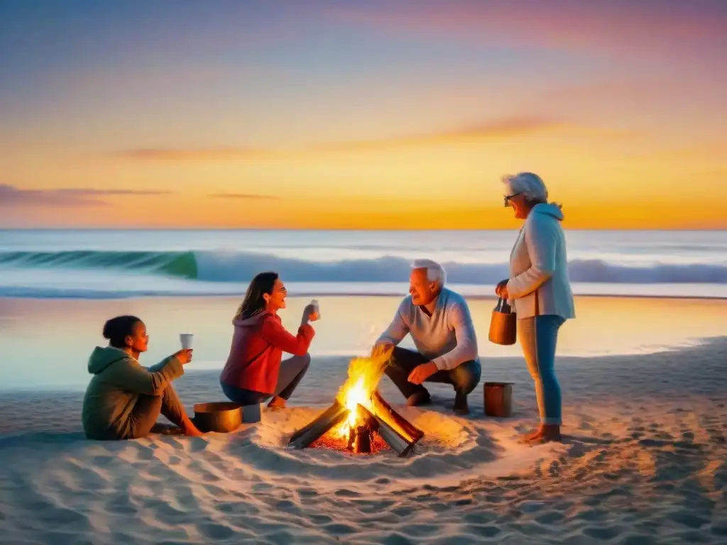 Reunión familiar al atardecer en playa: risas, fogata y recuerdos inolvidables Reuniones familiares en propiedades costeras creando recuerdos inolvidables en la playa al atardecer
