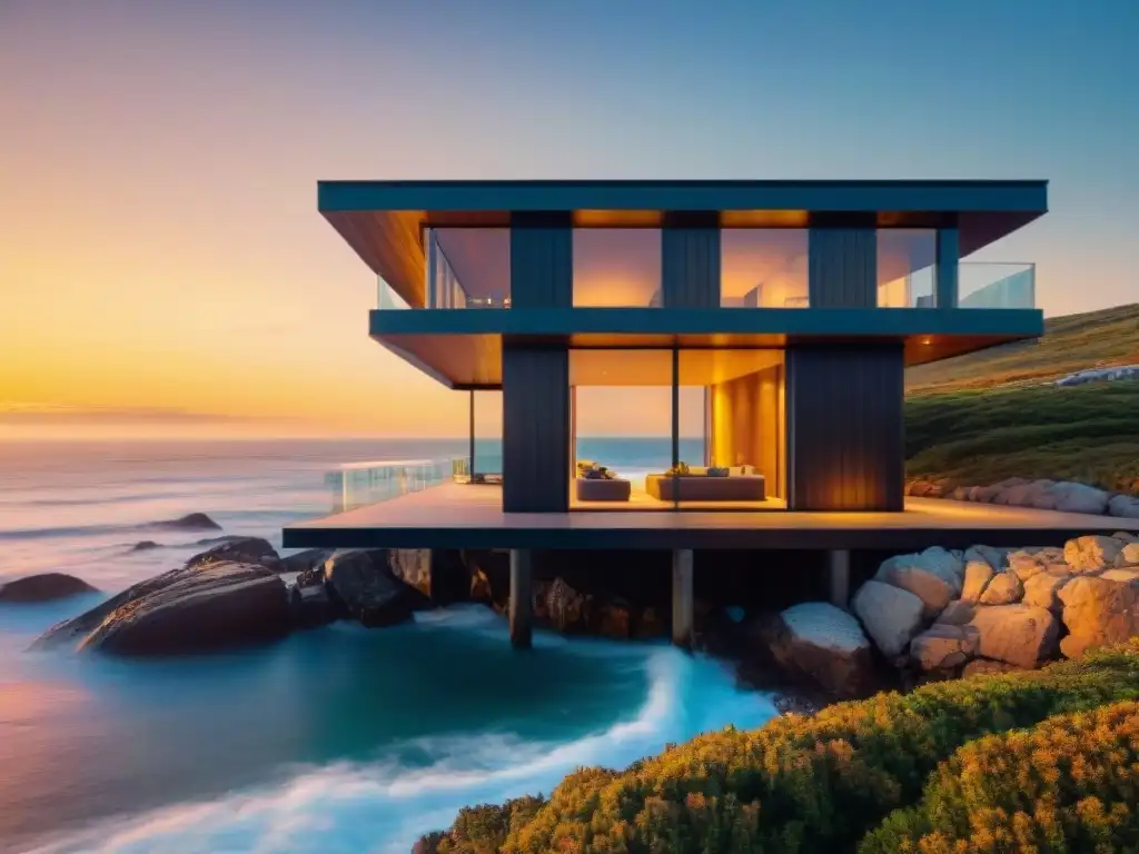 Propiedad costera al atardecer con recubrimientos protectores innovadores Revestimientos innovadores para propiedades costeras: Casa moderna en la costa al atardecer con protecciones resaltadas