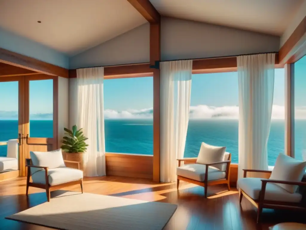 Escena costera bañada en luz natural Un rincón costero iluminado por la suave luz natural, con muebles de madera rústica y decoración náutica