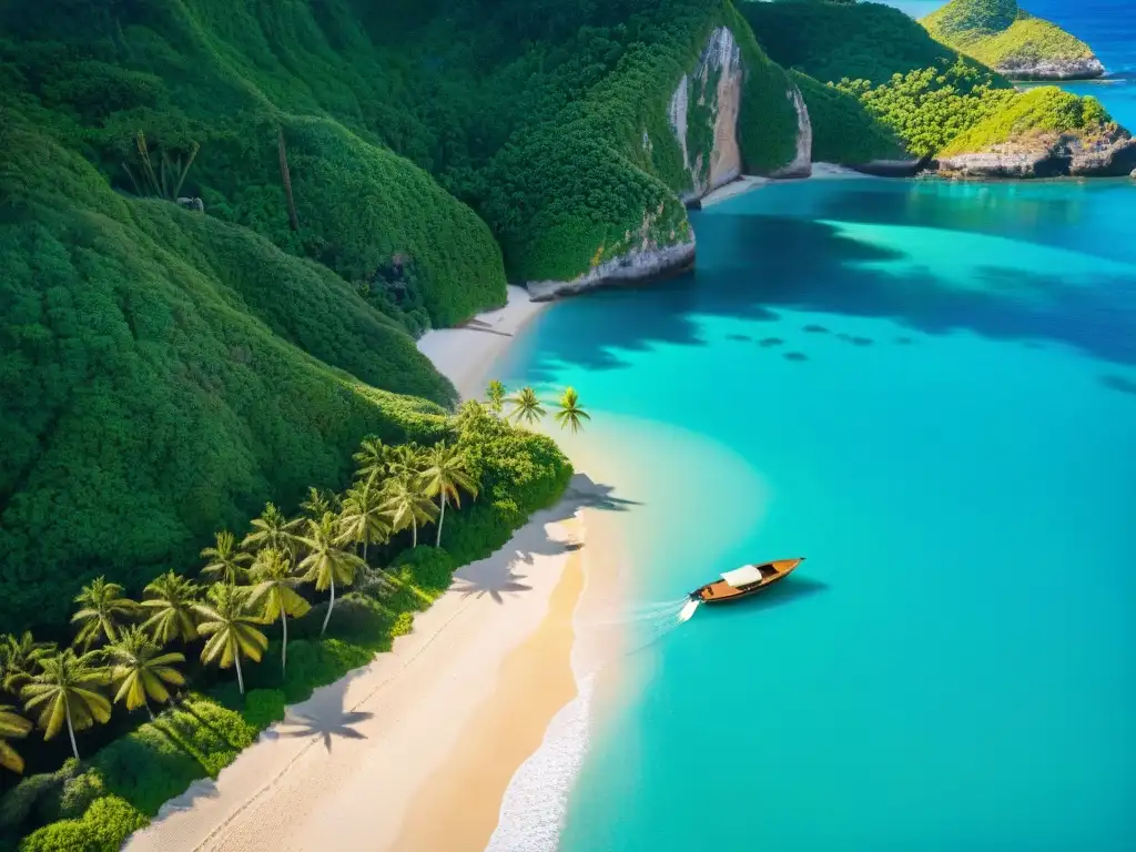 Paraíso escondido: playa remota entre acantilados verdes y aguas turquesa Un rincón paradisíaco en una cala entre acantilados verdes, aguas turquesa y barco de madera