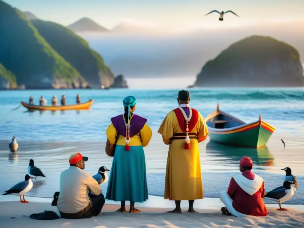 Bendición al mar al amanecer: comunidad costera en ritual tradicional Ritual de bendición al mar al amanecer en comunidad costera, con barcos coloridos y aves