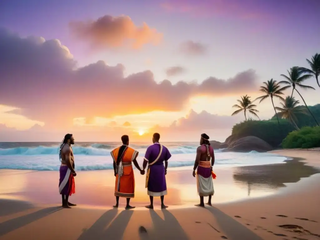 Rituales ancestrales al atardecer: ceremonia indígena en la playa Rituales costeros tradicionales al atardecer en la playa con indígenas en círculo