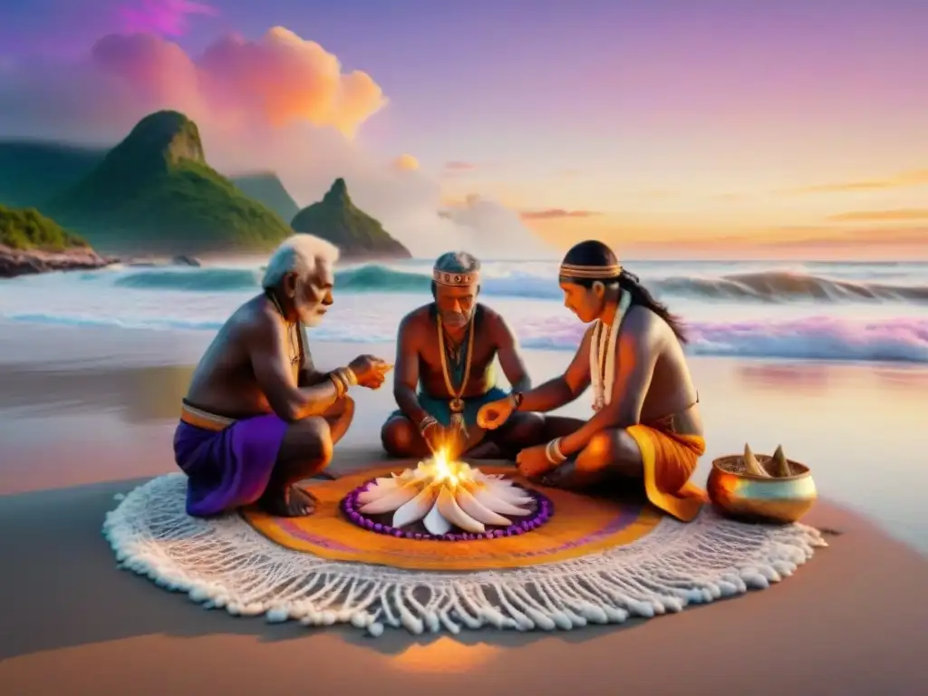 Ritual ancestral de sabiduría y conexión en la playa al atardecer Rituales culturales costeros ancestrales: ancianos indígenas realizan ceremonia al atardecer en la playa