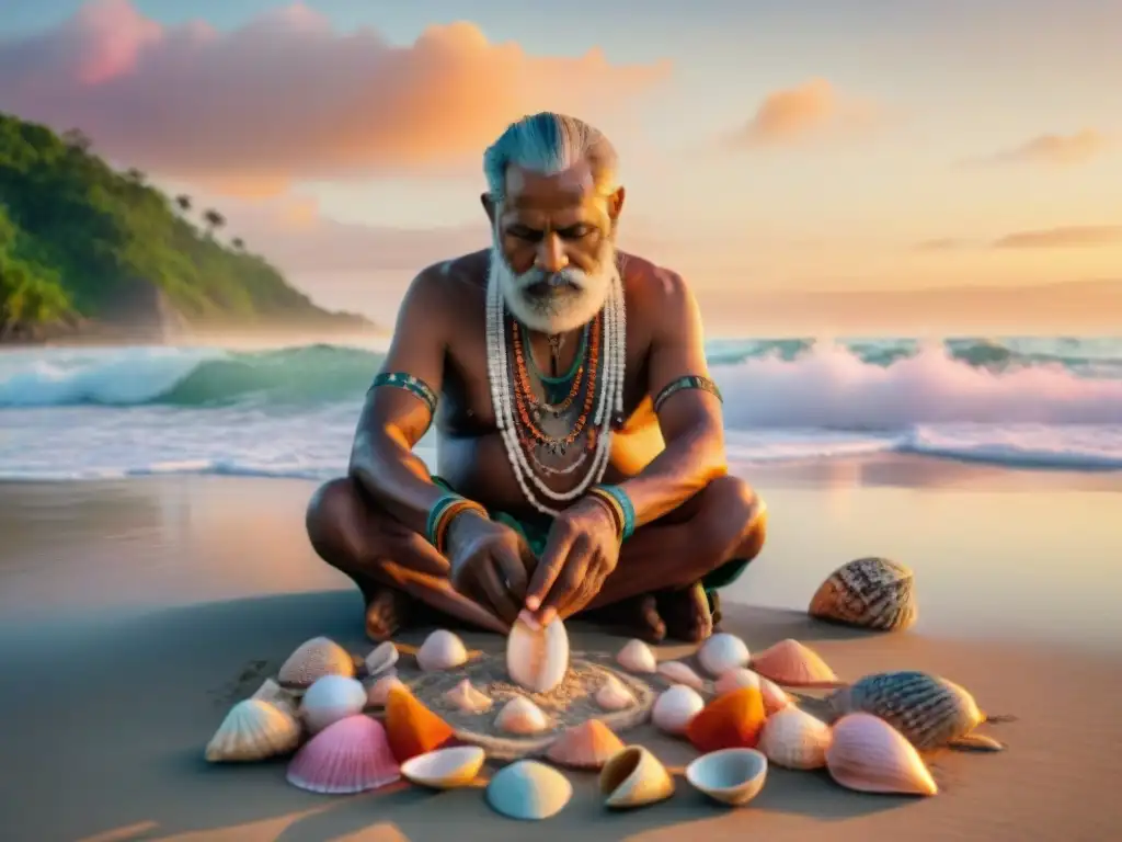 Ritual ancestral de indígenas costeros al amanecer Rituales culturales costeros ancestrales: Ancianos indígenas realizan ceremonia en la playa al amanecer