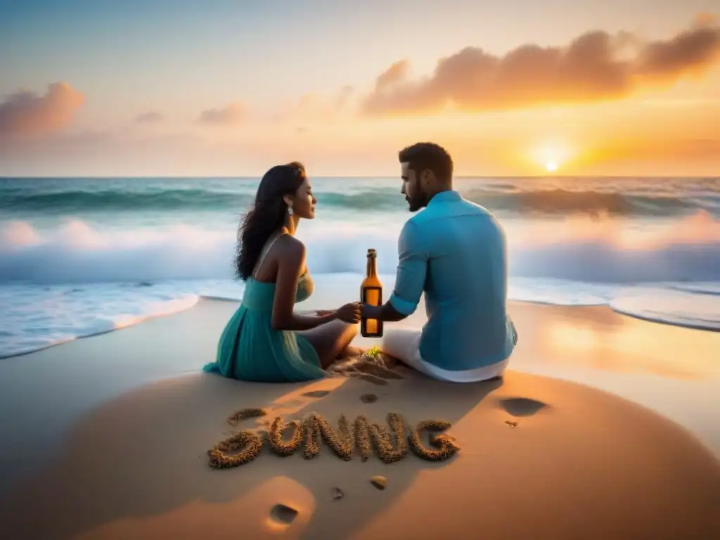 Propuesta de matrimonio en la playa al atardecer con mensaje en botella Romántica propuesta de matrimonio en la playa al atardecer con mensaje en una botella