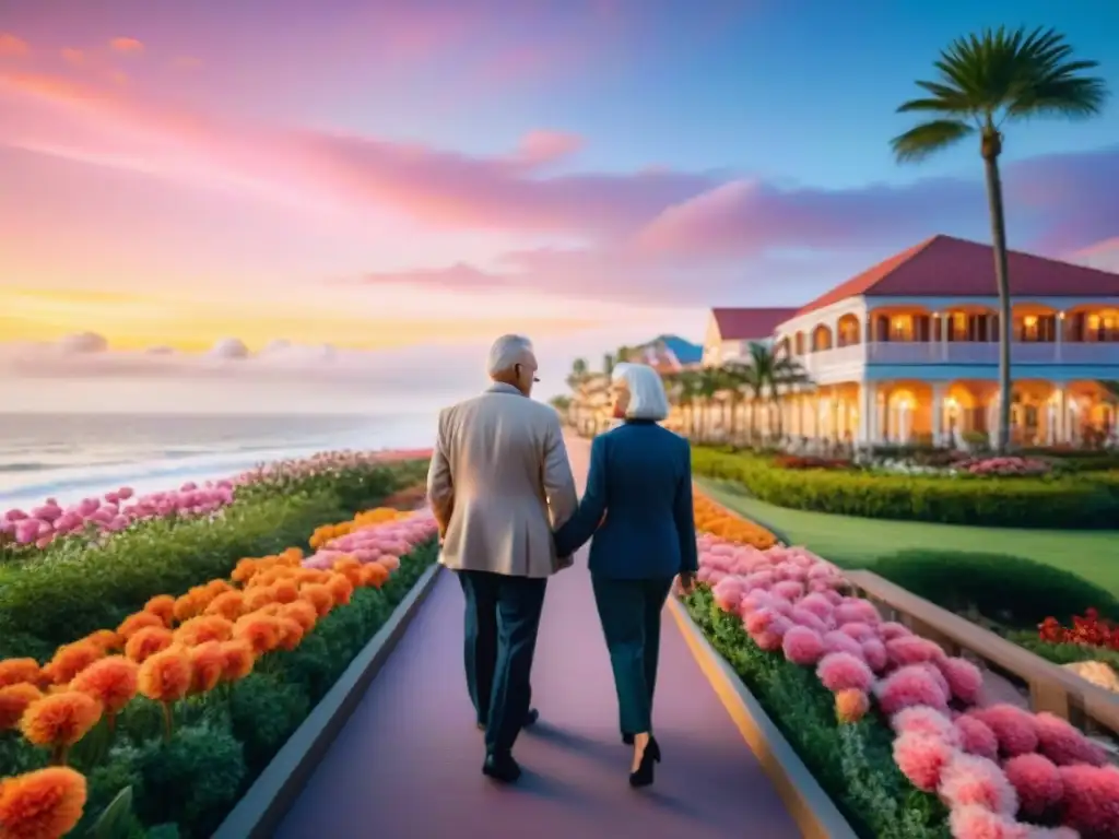Romántico paseo de pareja mayor al atardecer en comunidad de retiro costera Romántico paseo de pareja de ancianos en un hermoso paseo costero al atardecer, con una lujosa casa de retiro perfecta costa