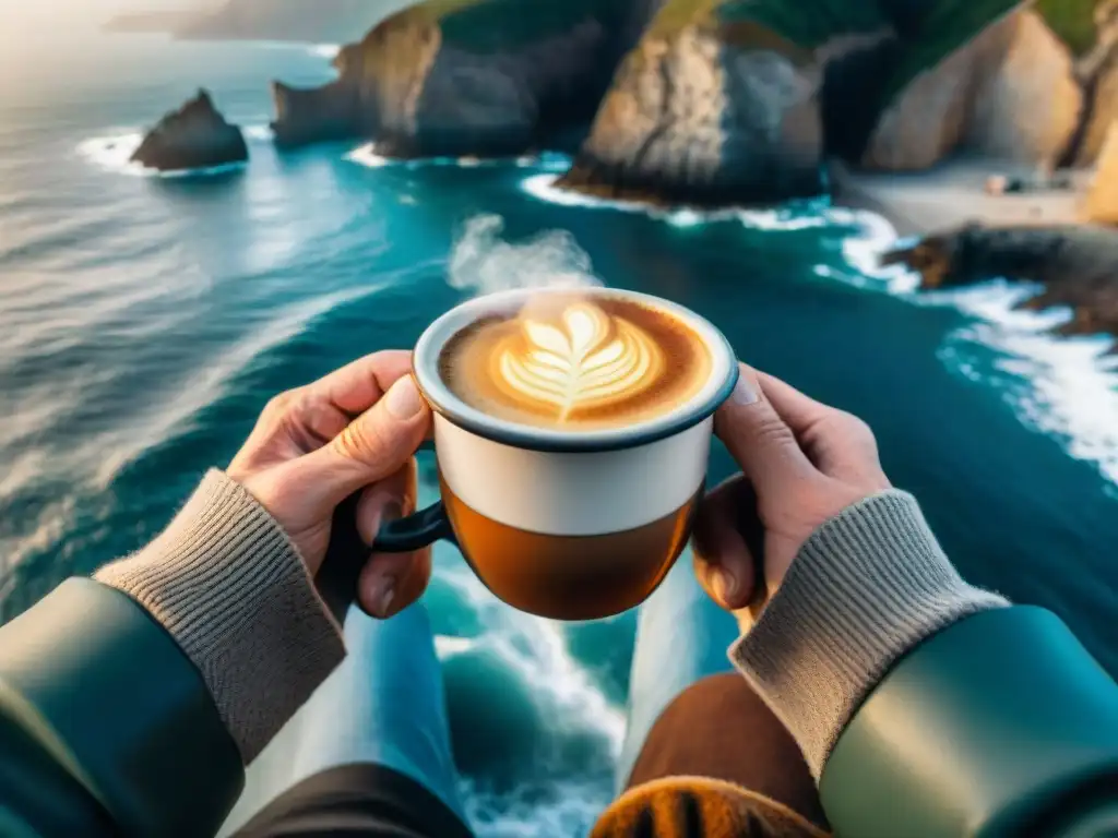 Manos de pescador con café en la costa al amanecer Las rugosas manos del pescador sostienen una taza humeante de café, frente al impactante mar en la luz matutina, simbolizando la armonía diaria