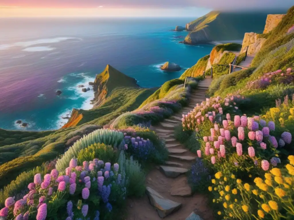 Sendero costero: aventura entre acantilados y atardecer Ruta de senderismo costero en la naturaleza marina con hikers y atardecer en colores cálidos