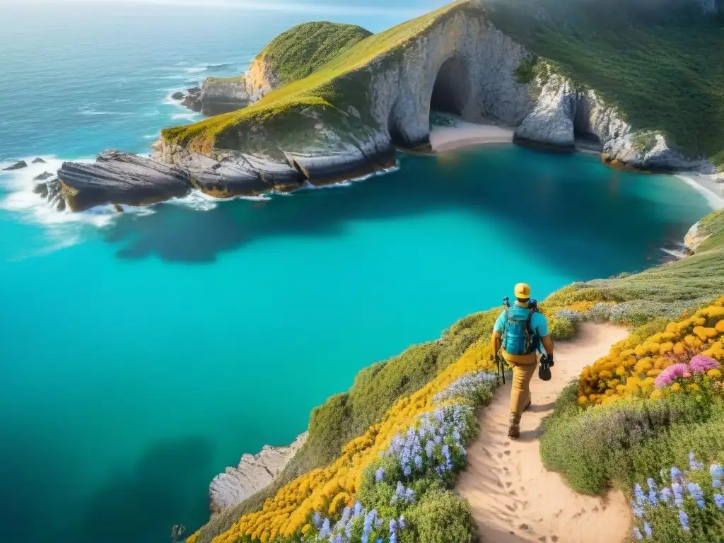 Sendero costero: vista aérea impresionante con hikers y paisajes vibrantes Rutas senderismo costero en la naturaleza junto al mar con paisaje vibrante y aventureros