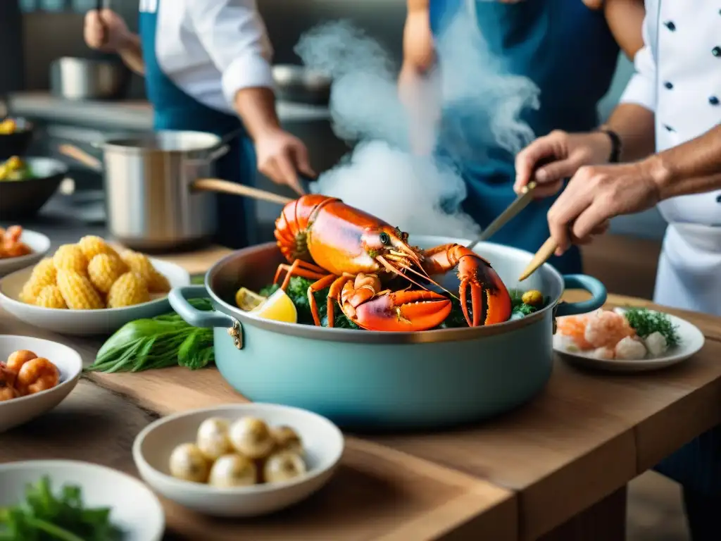 Maestros Costeros: Pasión por la Gastronomía del Mar Sabores del litoral con chefs preparando delicias marinas al atardecer