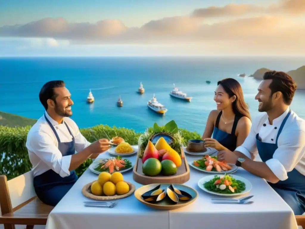 Chefs costeros degustando delicias marinas frente al mar Sabores del litoral con chefs: Expertos reunidos en mesa de madera junto al mar, degustando delicias marinas y frutas tropicales