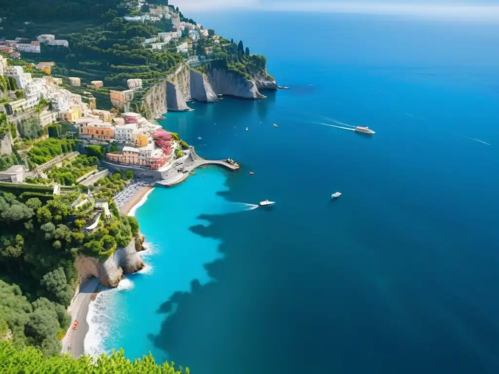 Maravillosa Costa Amalfitana: Sabores y colores del Mediterráneo Descubre los Sabores del mar en Italia: vista aérea de la impresionante Costa Amalfitana con aguas azules y coloridos edificios