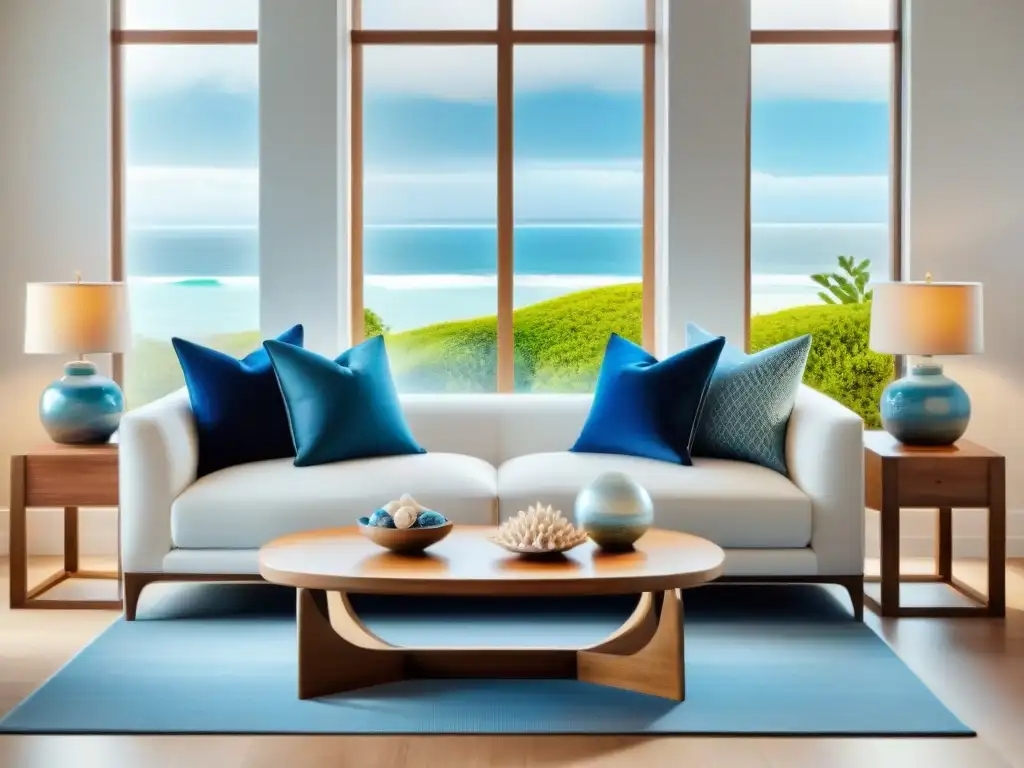 Serenidad costera: sala Feng Shui con vista al mar Sala de estar costera en armonía con Feng Shui: ventana al mar, sofá neutro, cojines azules, mesa de madera con conchas y vista relajante del océano